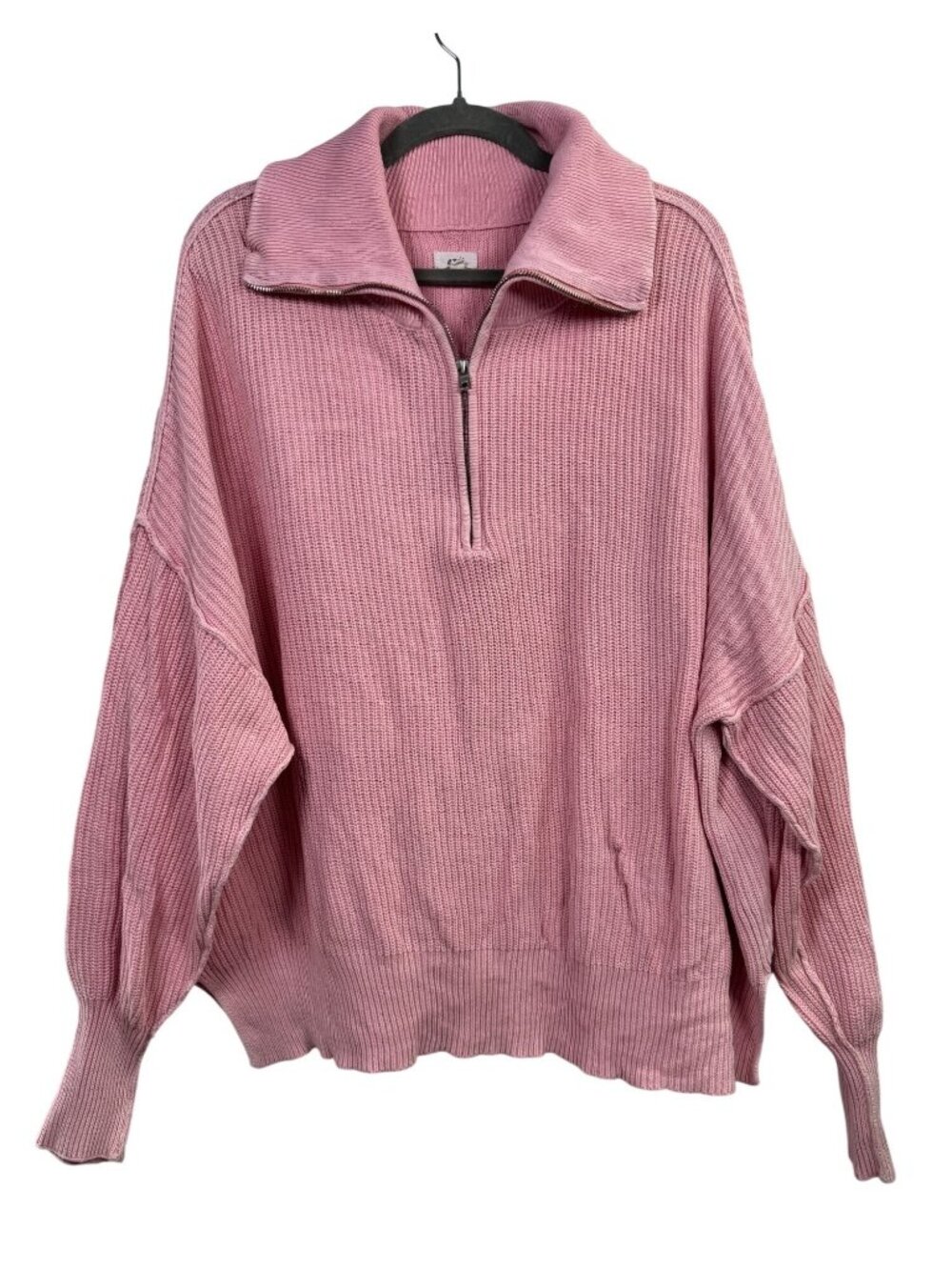 Aerie Pink Ribbed Quarter Zip Knit Sweater Women Medium Cotton Blend Relaxed Fit